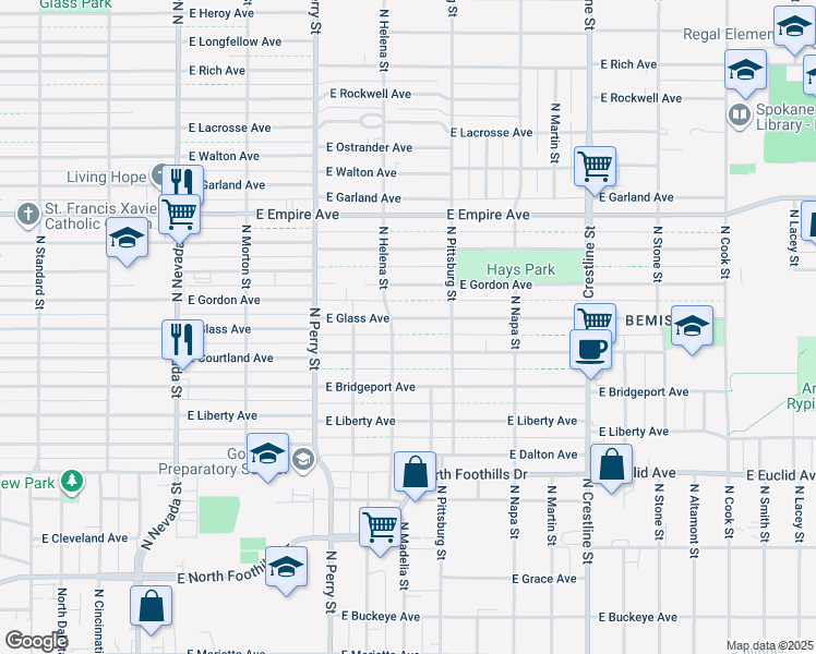 map of restaurants, bars, coffee shops, grocery stores, and more near 1627 East Courtland Avenue in Spokane