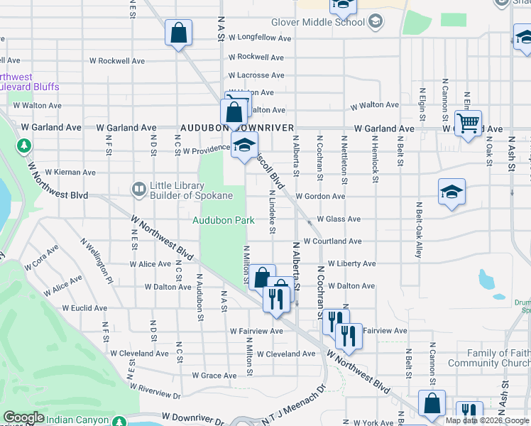 map of restaurants, bars, coffee shops, grocery stores, and more near 2717 West Glass Avenue in Spokane