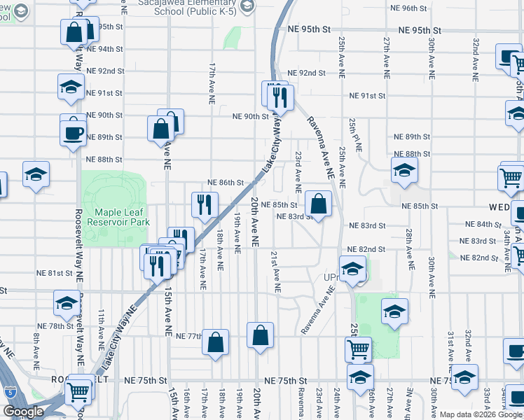 map of restaurants, bars, coffee shops, grocery stores, and more near 8233 20th Avenue Northeast in Seattle