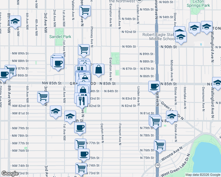 map of restaurants, bars, coffee shops, grocery stores, and more near 506 North 83rd Street in Seattle
