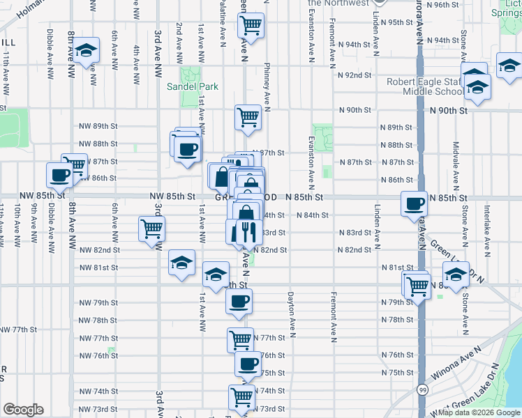 map of restaurants, bars, coffee shops, grocery stores, and more near 8308 Greenwood Avenue North in Seattle