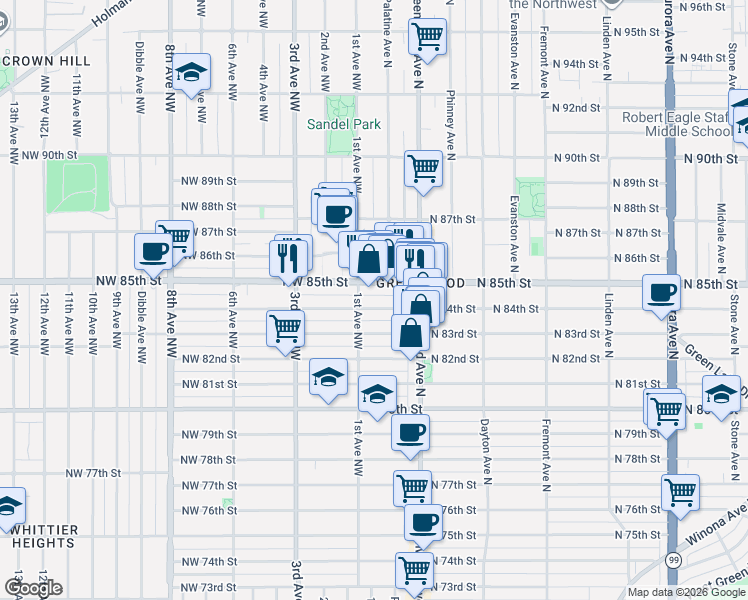 map of restaurants, bars, coffee shops, grocery stores, and more near 103 Northwest 84th Street in Seattle