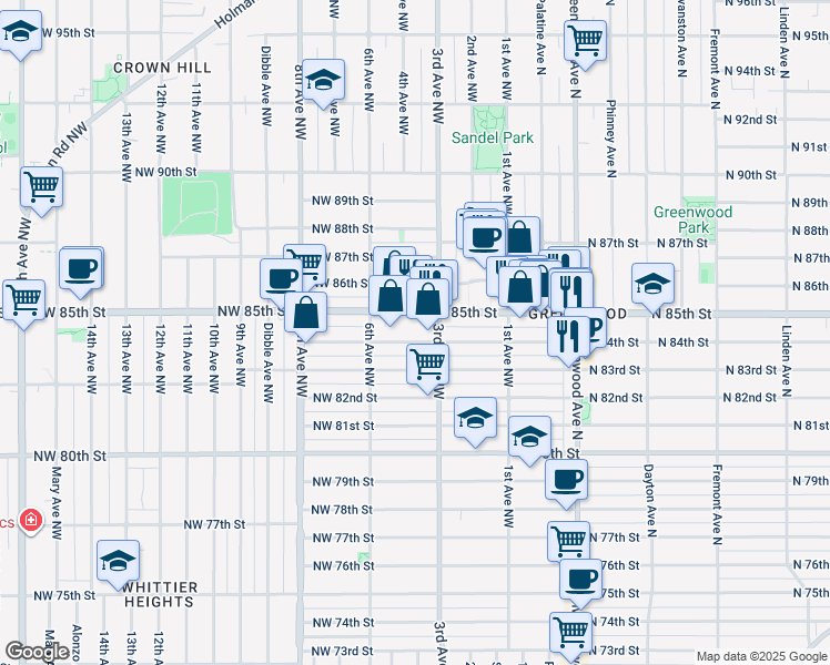 map of restaurants, bars, coffee shops, grocery stores, and more near 8311 3rd Avenue Northwest in Seattle