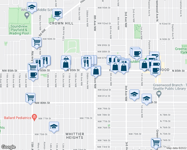 map of restaurants, bars, coffee shops, grocery stores, and more near 8312 Dibble Avenue Northwest in Seattle