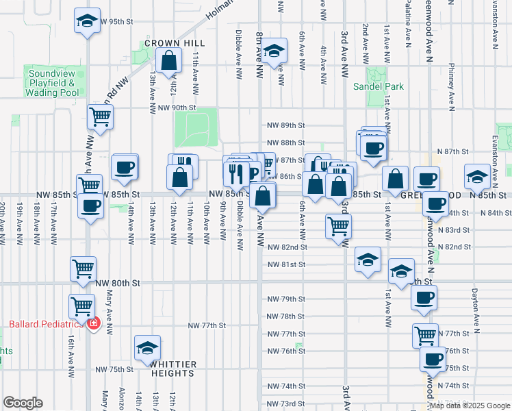 map of restaurants, bars, coffee shops, grocery stores, and more near 8312 Dibble Avenue Northwest in Seattle