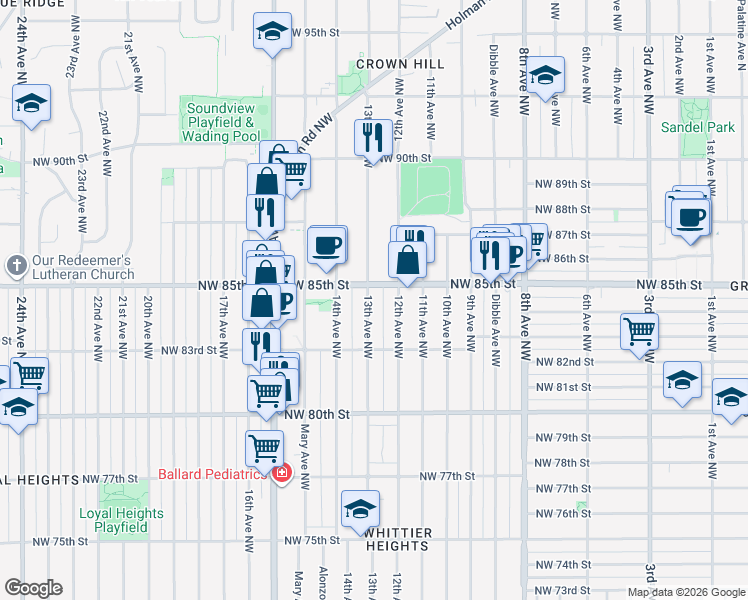 map of restaurants, bars, coffee shops, grocery stores, and more near 8348 13th Avenue Northwest in Seattle