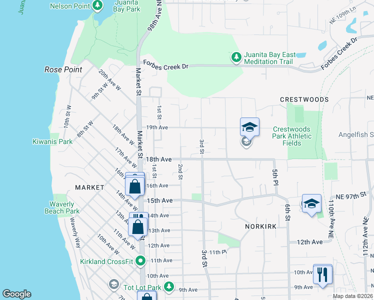 map of restaurants, bars, coffee shops, grocery stores, and more near 226 18th Avenue in Kirkland