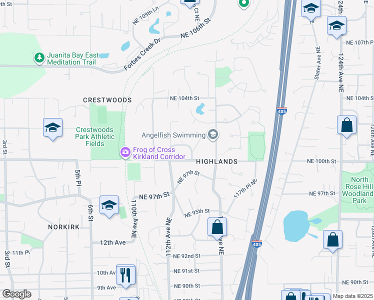 map of restaurants, bars, coffee shops, grocery stores, and more near 11291 Northeast 100th Street in Kirkland