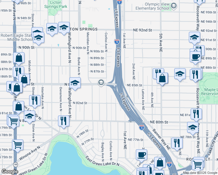 map of restaurants, bars, coffee shops, grocery stores, and more near 8226 Corliss Avenue North in Seattle