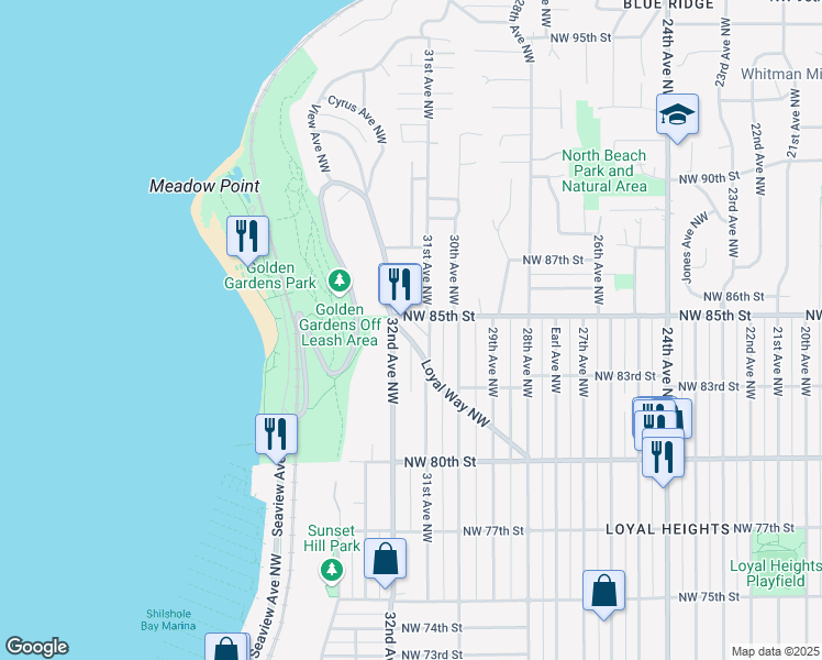 map of restaurants, bars, coffee shops, grocery stores, and more near 8361 31st Avenue Northwest in Seattle