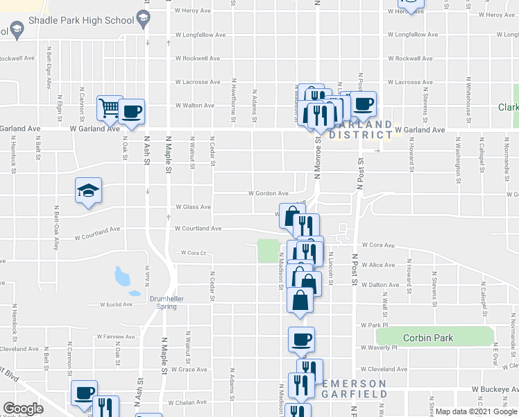 map of restaurants, bars, coffee shops, grocery stores, and more near 1134 West Glass Avenue in Spokane