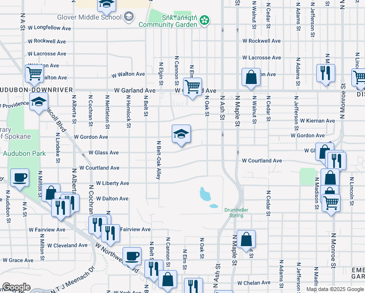 map of restaurants, bars, coffee shops, grocery stores, and more near 1912 West Glass Avenue in Spokane