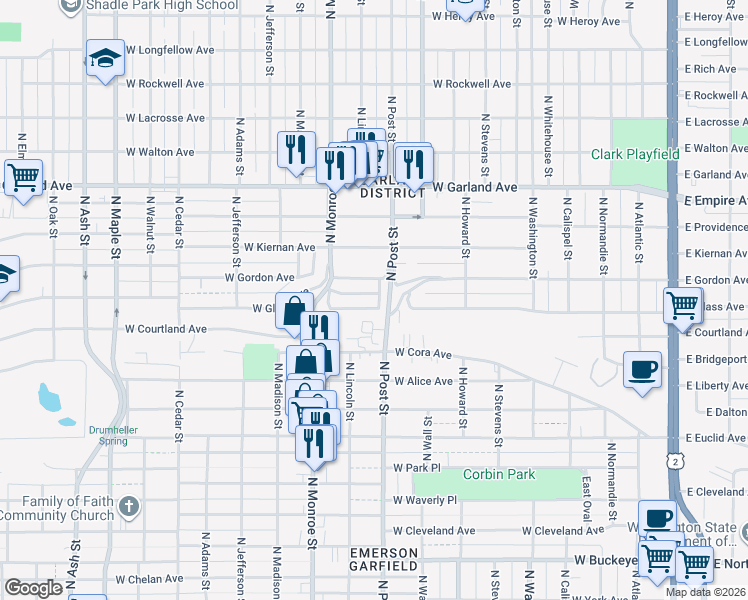 map of restaurants, bars, coffee shops, grocery stores, and more near in Spokane