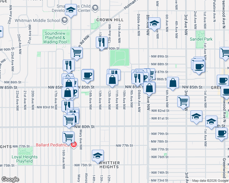 map of restaurants, bars, coffee shops, grocery stores, and more near 8322 11th Avenue Northwest in Seattle