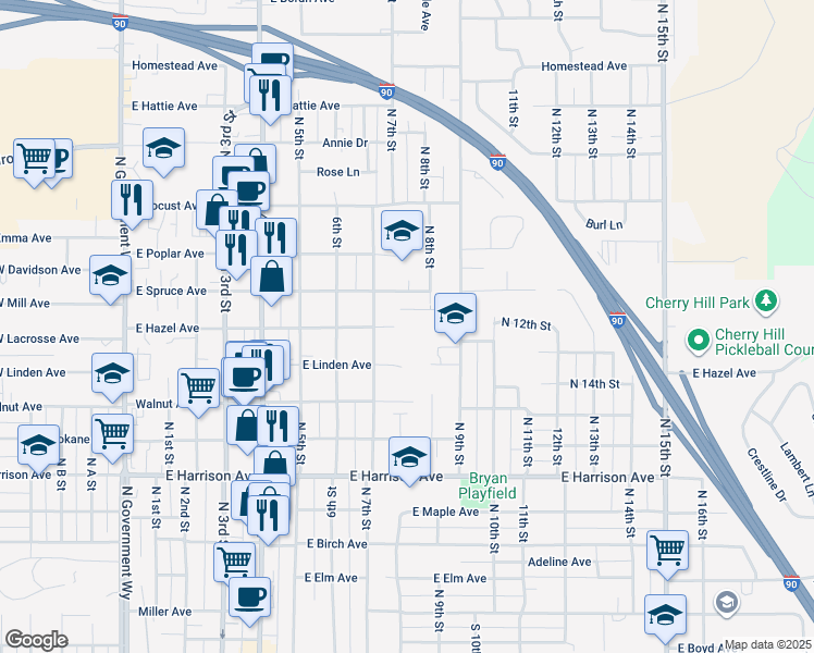 map of restaurants, bars, coffee shops, grocery stores, and more near 1619 North 9th Street in Coeur d'Alene