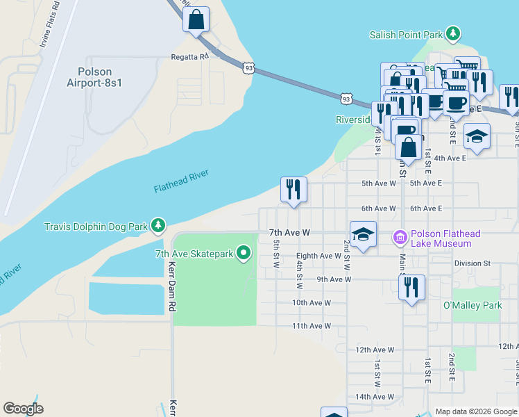 map of restaurants, bars, coffee shops, grocery stores, and more near 611 6th Street West in Polson