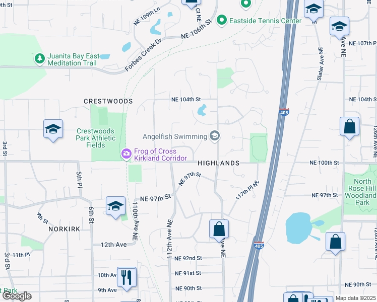 map of restaurants, bars, coffee shops, grocery stores, and more near 11291 Northeast 100th Street in Kirkland