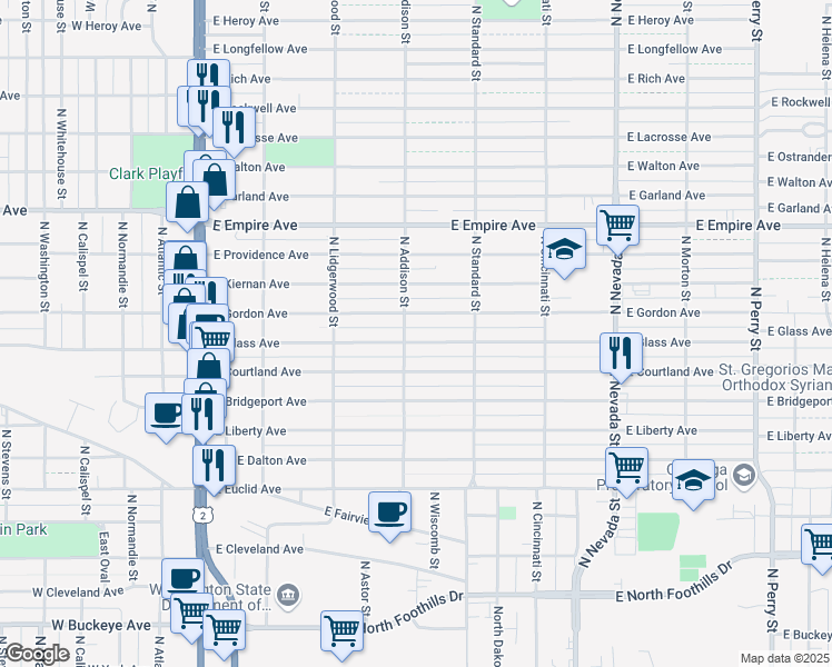 map of restaurants, bars, coffee shops, grocery stores, and more near 507 East Glass Avenue in Spokane