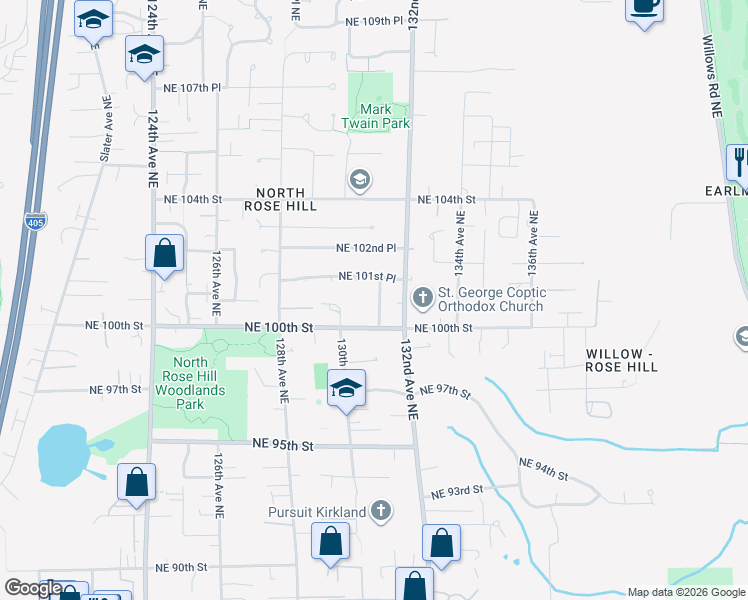 map of restaurants, bars, coffee shops, grocery stores, and more near 13106 Northeast 101st Place in Kirkland