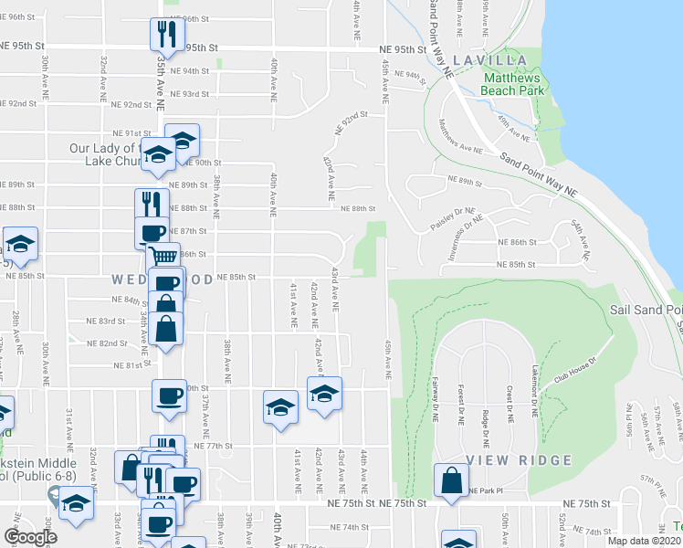 map of restaurants, bars, coffee shops, grocery stores, and more near 8632 43rd Avenue Northeast in Seattle