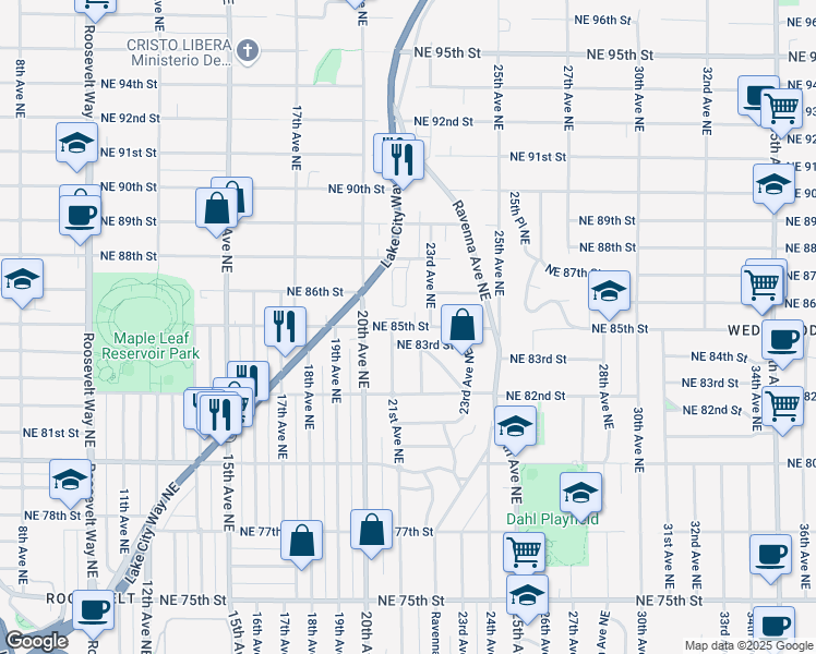 map of restaurants, bars, coffee shops, grocery stores, and more near 8605 21st Place Northeast in Seattle