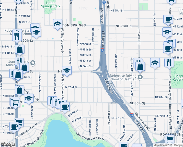 map of restaurants, bars, coffee shops, grocery stores, and more near 8516 Corliss Avenue North in Seattle