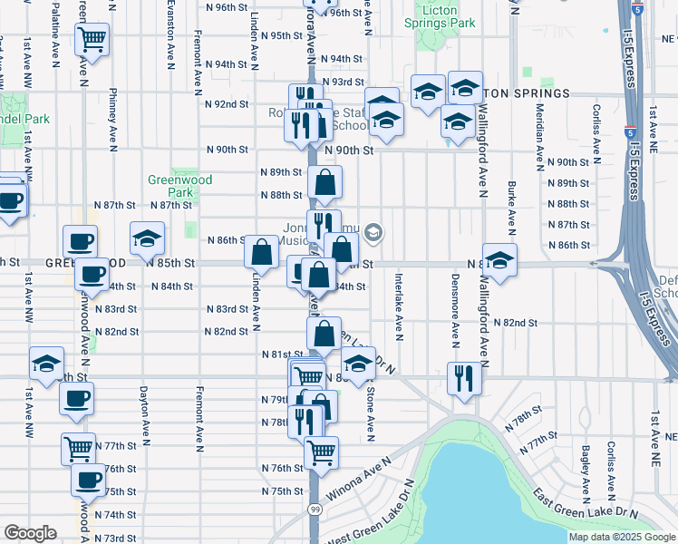 map of restaurants, bars, coffee shops, grocery stores, and more near 8516 Nesbit Avenue North in Seattle