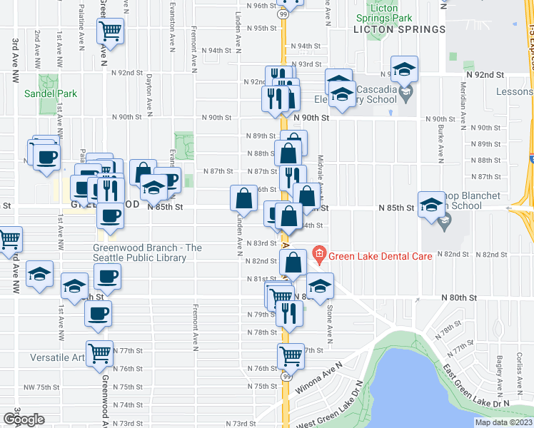 map of restaurants, bars, coffee shops, grocery stores, and more near 929 North 86th Street in Seattle