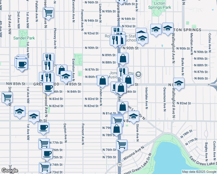 map of restaurants, bars, coffee shops, grocery stores, and more near 929 North 86th Street in Seattle