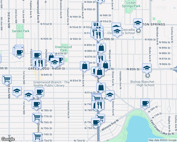 map of restaurants, bars, coffee shops, grocery stores, and more near 929 North 86th Street in Seattle
