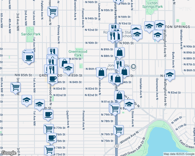 map of restaurants, bars, coffee shops, grocery stores, and more near 8511 Linden Avenue North in Seattle