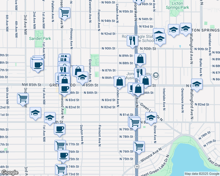 map of restaurants, bars, coffee shops, grocery stores, and more near 721 North 86th Street in Seattle