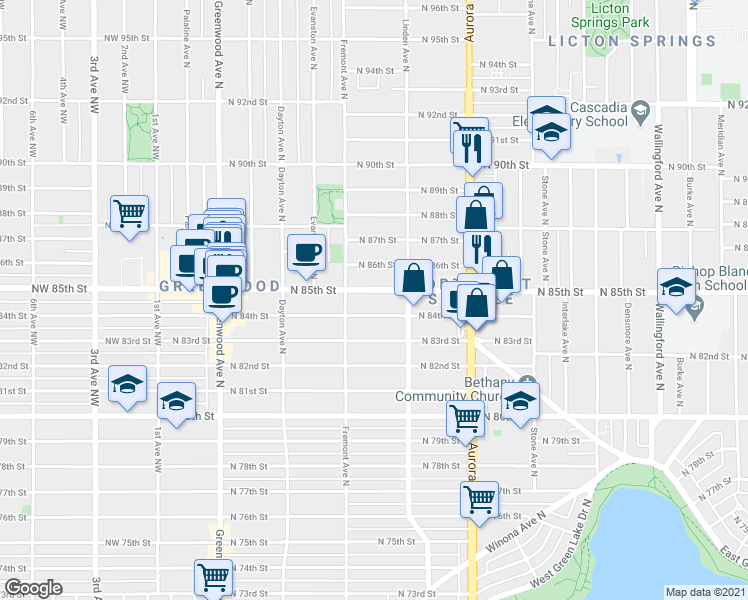 map of restaurants, bars, coffee shops, grocery stores, and more near 721 North 86th Street in Seattle