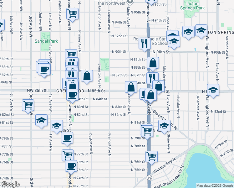 map of restaurants, bars, coffee shops, grocery stores, and more near 721 North 86th Street in Seattle