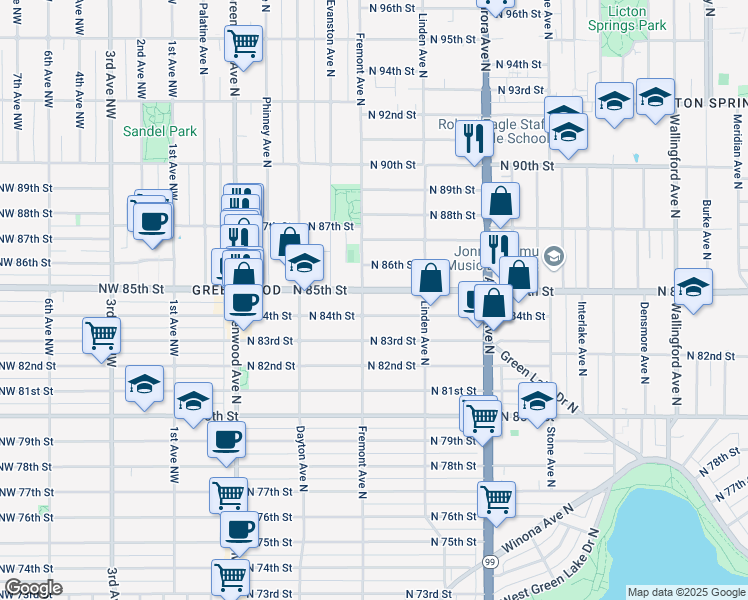 map of restaurants, bars, coffee shops, grocery stores, and more near 721 North 86th Street in Seattle