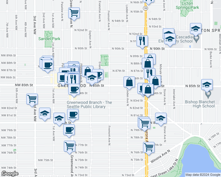 map of restaurants, bars, coffee shops, grocery stores, and more near 721 North 86th Street in Seattle