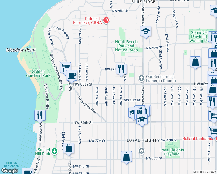 map of restaurants, bars, coffee shops, grocery stores, and more near 2655 Northwest 86th Street in Seattle