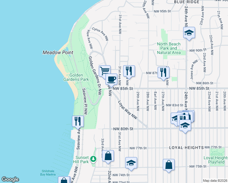 map of restaurants, bars, coffee shops, grocery stores, and more near 8516 32nd Avenue Northwest in Seattle