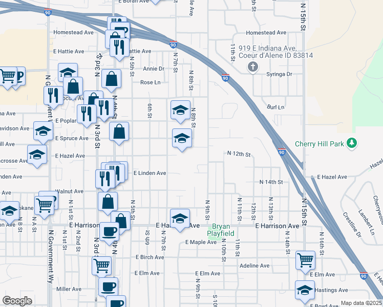map of restaurants, bars, coffee shops, grocery stores, and more near 1619 North 9th Street in Coeur d'Alene