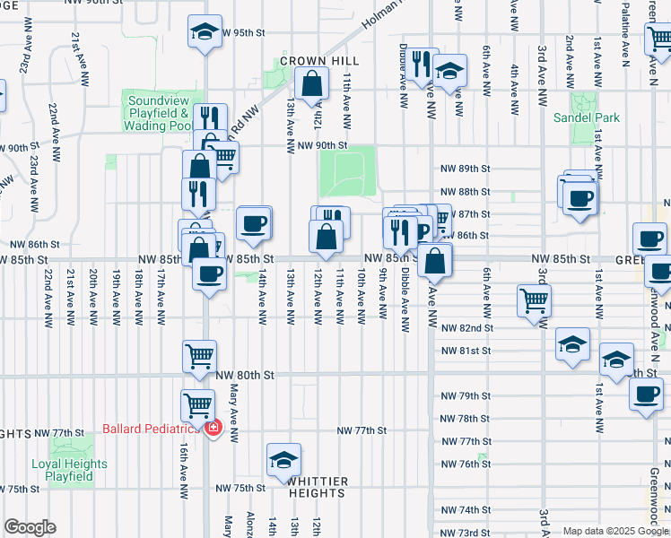 map of restaurants, bars, coffee shops, grocery stores, and more near 8357 11th Avenue Northwest in Seattle