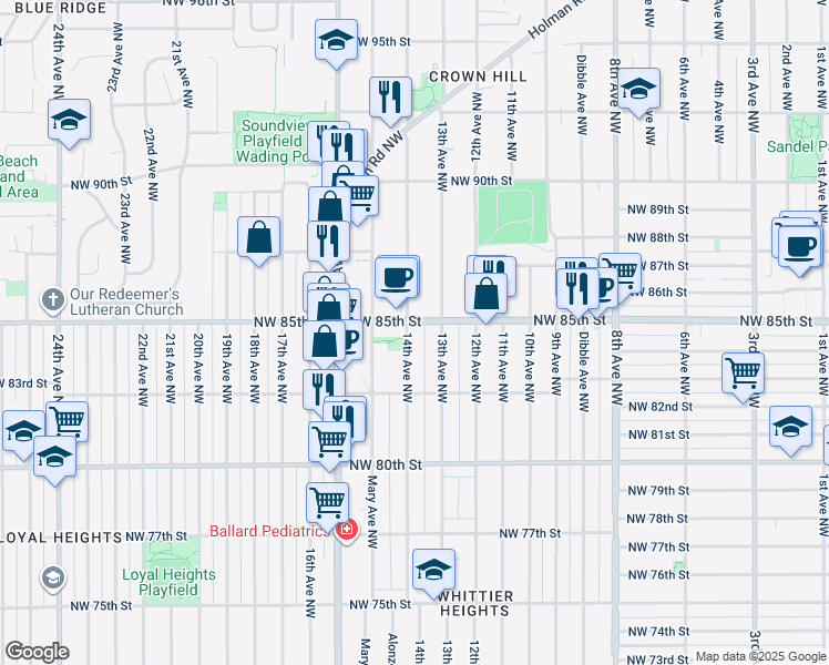 map of restaurants, bars, coffee shops, grocery stores, and more near 8354 14th Avenue Northwest in Seattle
