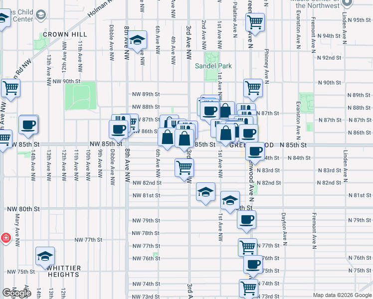 map of restaurants, bars, coffee shops, grocery stores, and more near 301 Northwest 85th Street in Seattle