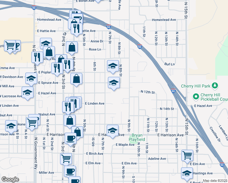 map of restaurants, bars, coffee shops, grocery stores, and more near 1619 North 9th Street in Coeur d'Alene