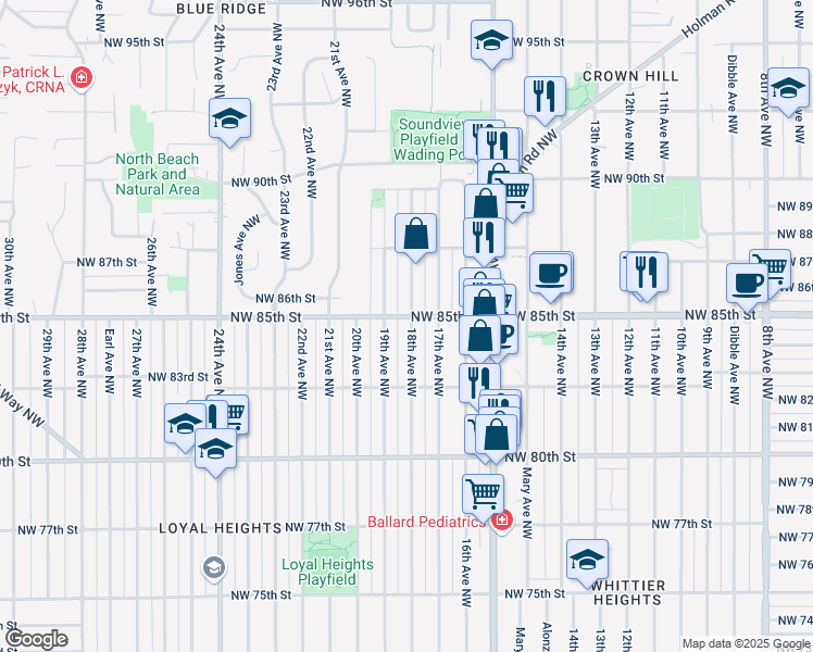 map of restaurants, bars, coffee shops, grocery stores, and more near 8353 18th Avenue Northwest in Seattle