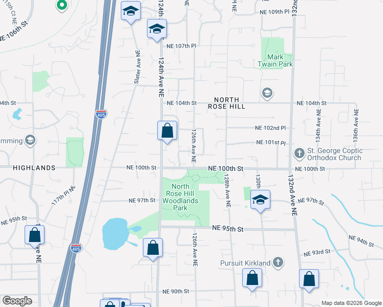 map of restaurants, bars, coffee shops, grocery stores, and more near 13684 Northeast 101st Street in Kirkland