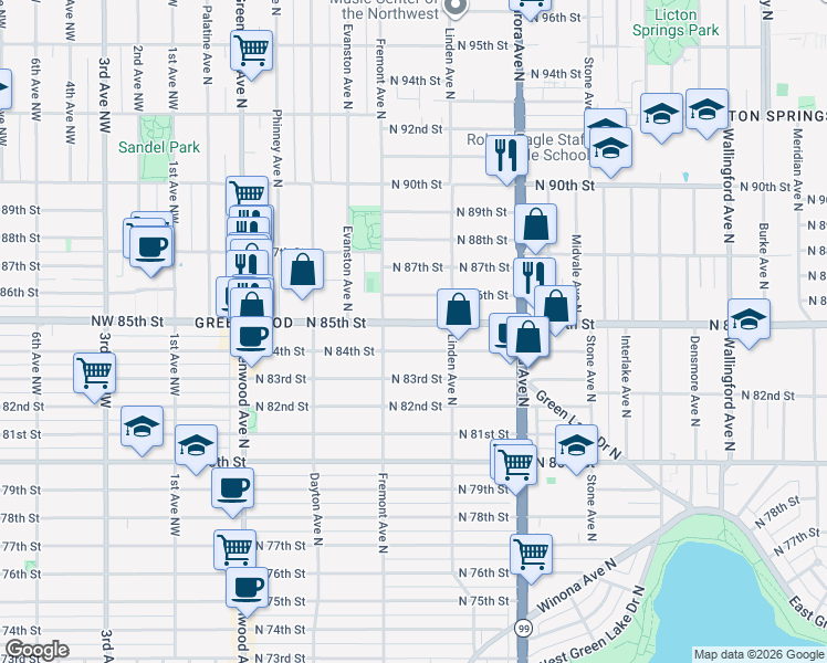 map of restaurants, bars, coffee shops, grocery stores, and more near 727 North 85th Street in Seattle