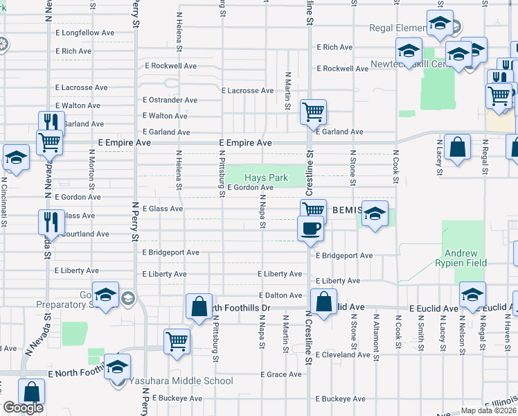 map of restaurants, bars, coffee shops, grocery stores, and more near 1827 East Glass Avenue in Spokane