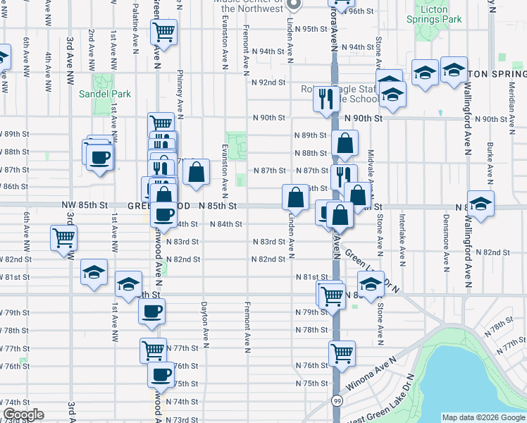 map of restaurants, bars, coffee shops, grocery stores, and more near 721 North 86th Street in Seattle