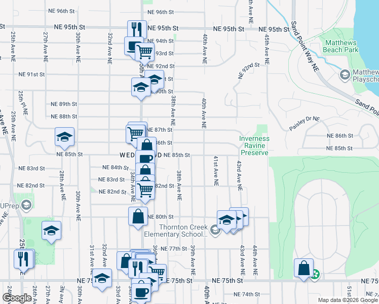 map of restaurants, bars, coffee shops, grocery stores, and more near 3844 Northeast 86th Street in Seattle