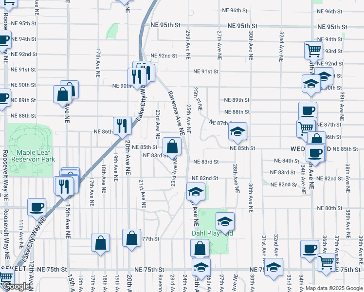 map of restaurants, bars, coffee shops, grocery stores, and more near 8501 Ravenna Avenue Northeast in Seattle